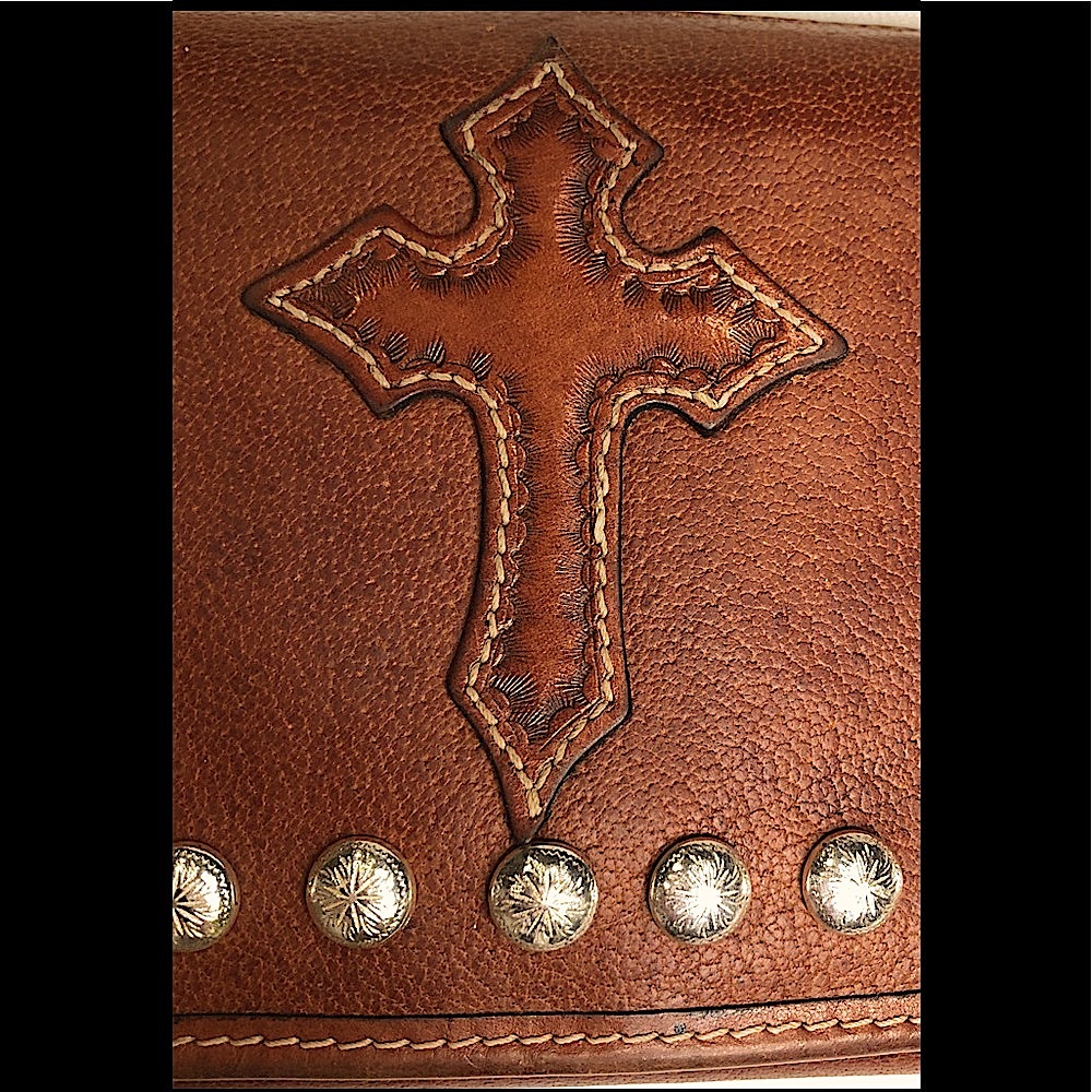 WESTERN LEATHER WALLET CROSS BROWN HAND STITCHED SILVER STUDS COWGIRL BOY UNISEX - Picture 3 of 9